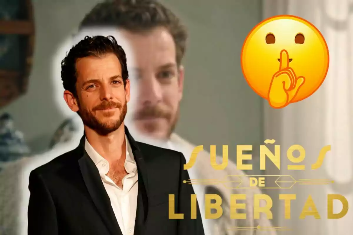 Guillem Barrientos amb vestit fosc somrient davant d'un fons borrós amb un emoji de silenci i el text "Sueños de Libertad".