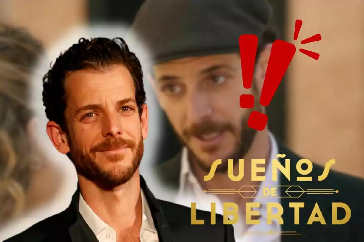 Muntatge d'una escena de 'Sueños de Libertad', Guillermo Barrientos somrient amb un vestit negre, unes exclamacions i el logo de la sèrie