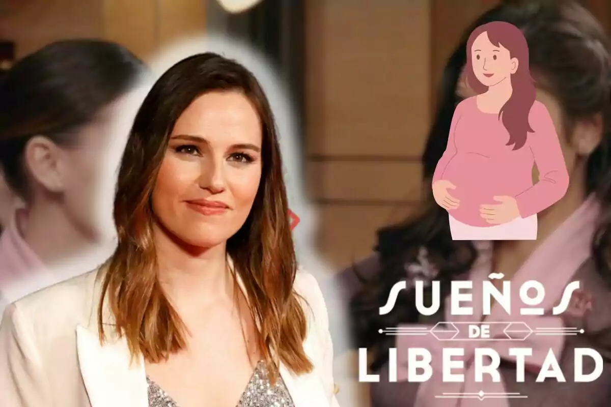 Isabel Moreno amb una jaqueta blanca somrient davant d'un fons desenfocat que inclou una il·lustració d'una dona embarassada i el text "Sueños de Libertad".