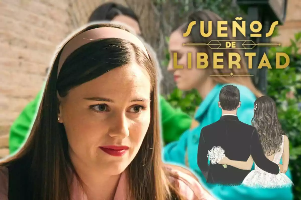 Isabel Moreno amb diadema rosa apareix en primer pla, mentre que al fons es veu el títol "Sueños de Libertad" juntament amb una il·lustració d'una parella d'esquena.