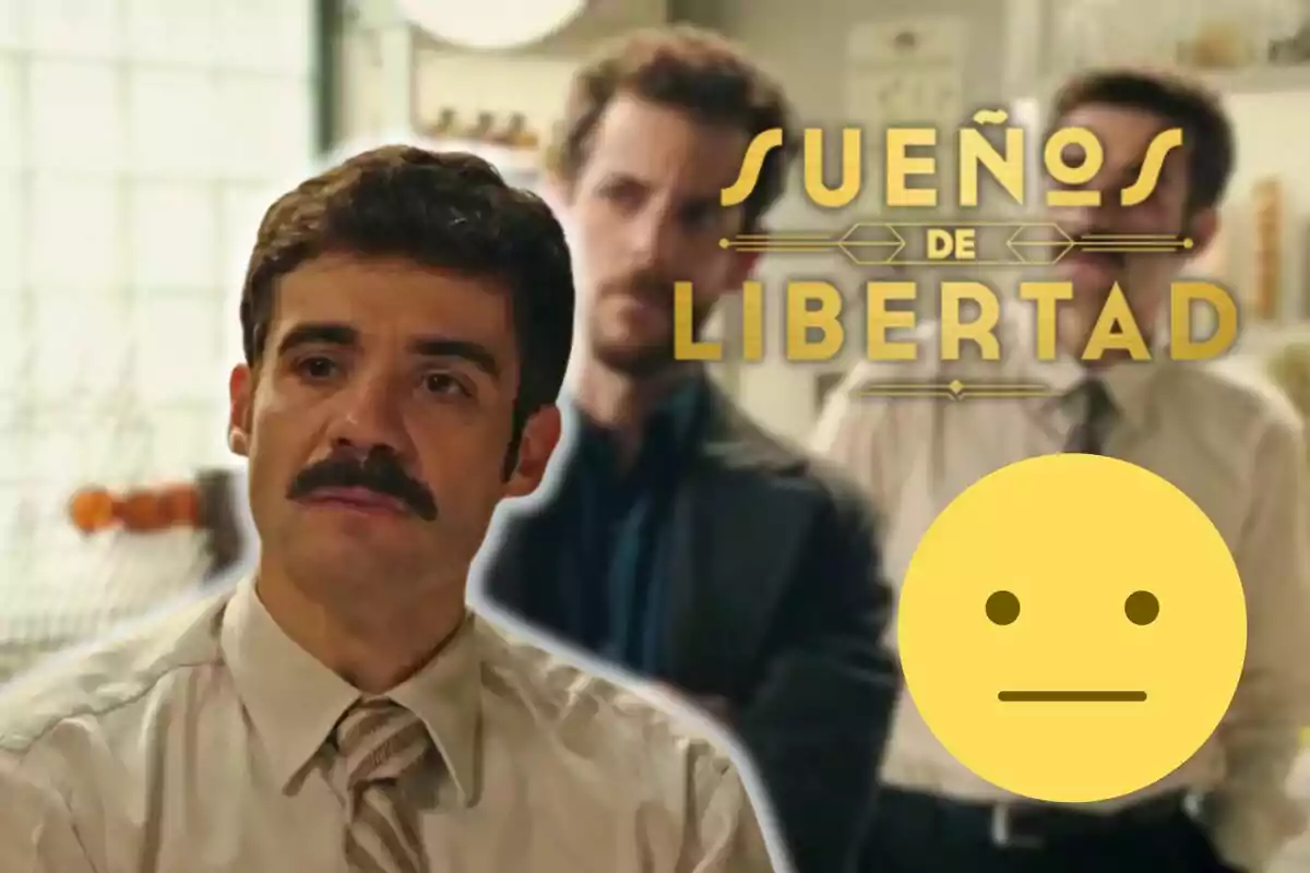 Javier Beltrán amb bigoti i corbata apareix en primer pla, mentre que al fons es veuen dues persones desenfocades i el text "Sueños de Libertad".