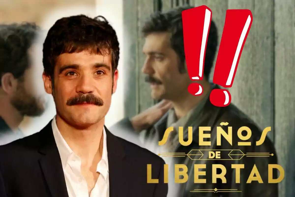 Javier Beltrán amb bigoti i vestit fosc davant d'un fons amb dos homes i el text "Sueños de Libertad" acompanyat de signes d'exclamació vermells.