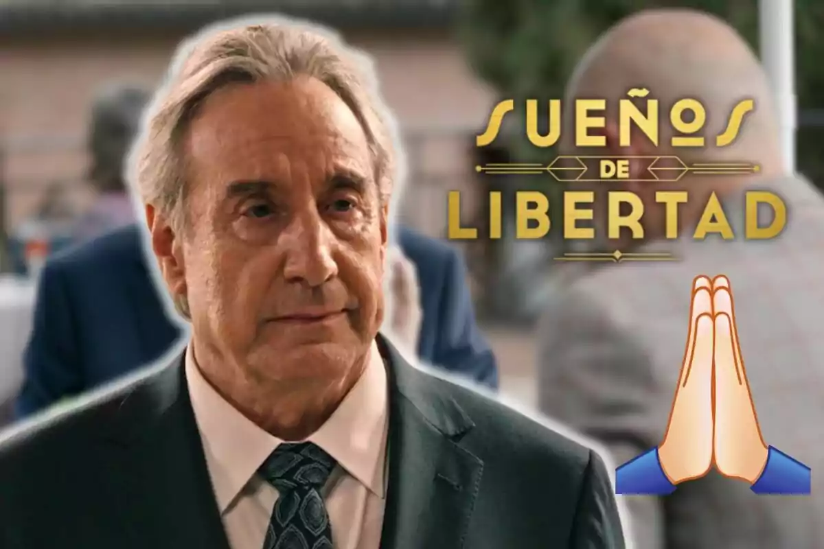 Juanjo Puigcorbé amb vestit i corbata apareix en primer pla amb el text "Sueños de Libertad" i un emoji de mans en oració.