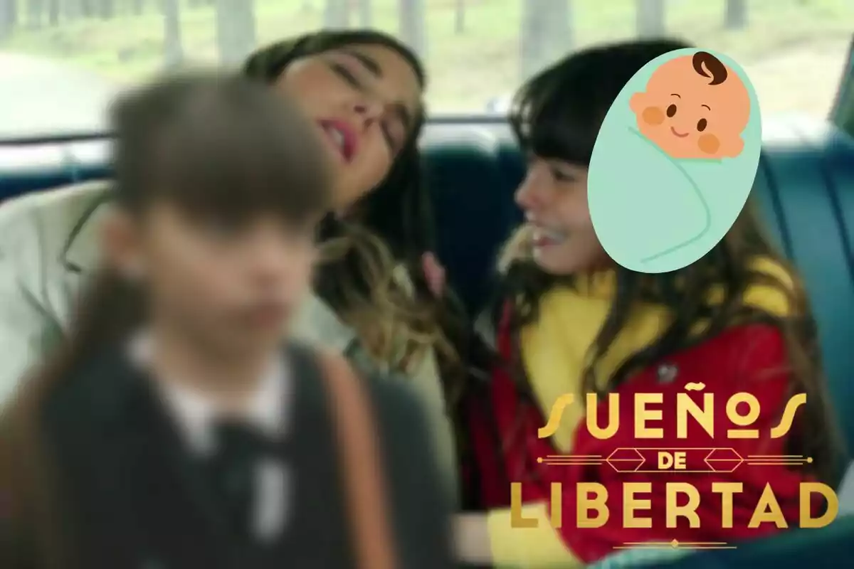 Muntatge d'una escena de 'Somnis de llibertat', Julia desenfocada, un nadó i el logo de la sèrie