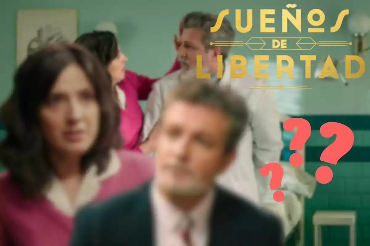 Imatge borrosa de "Sueños de Libertad" amb dues persones en primer pla i signes d'interrogació vermells.