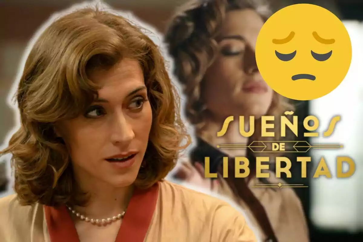 Marta Belmonte amb expressió seriosa apareix en primer pla mentre que al fons es veu una imatge borrosa amb els ulls tancats i un emoji de cara trista al costat del text "Sueños de Libertad".