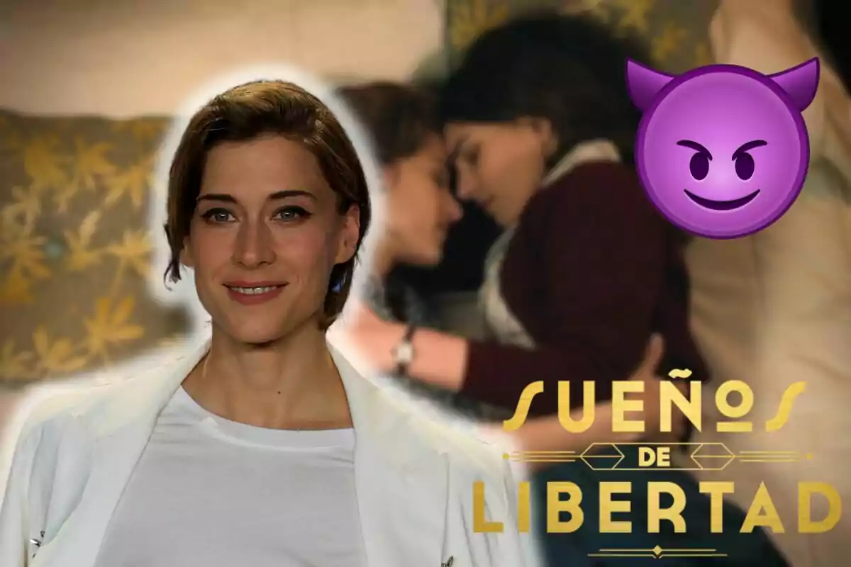 Marta Belmonte somrient en primer pla amb una escena borrosa de dues persones al llit en el fons, un emoji de dimoniet porpra i el text "Sueños de Libertad".