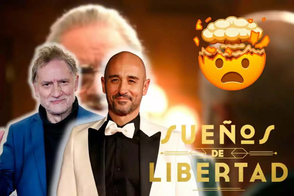 Nancho Novo i Alain Hernández posen davant d'un fons borrós amb un emoji de cap explotant i el text "Sueños de Libertad".