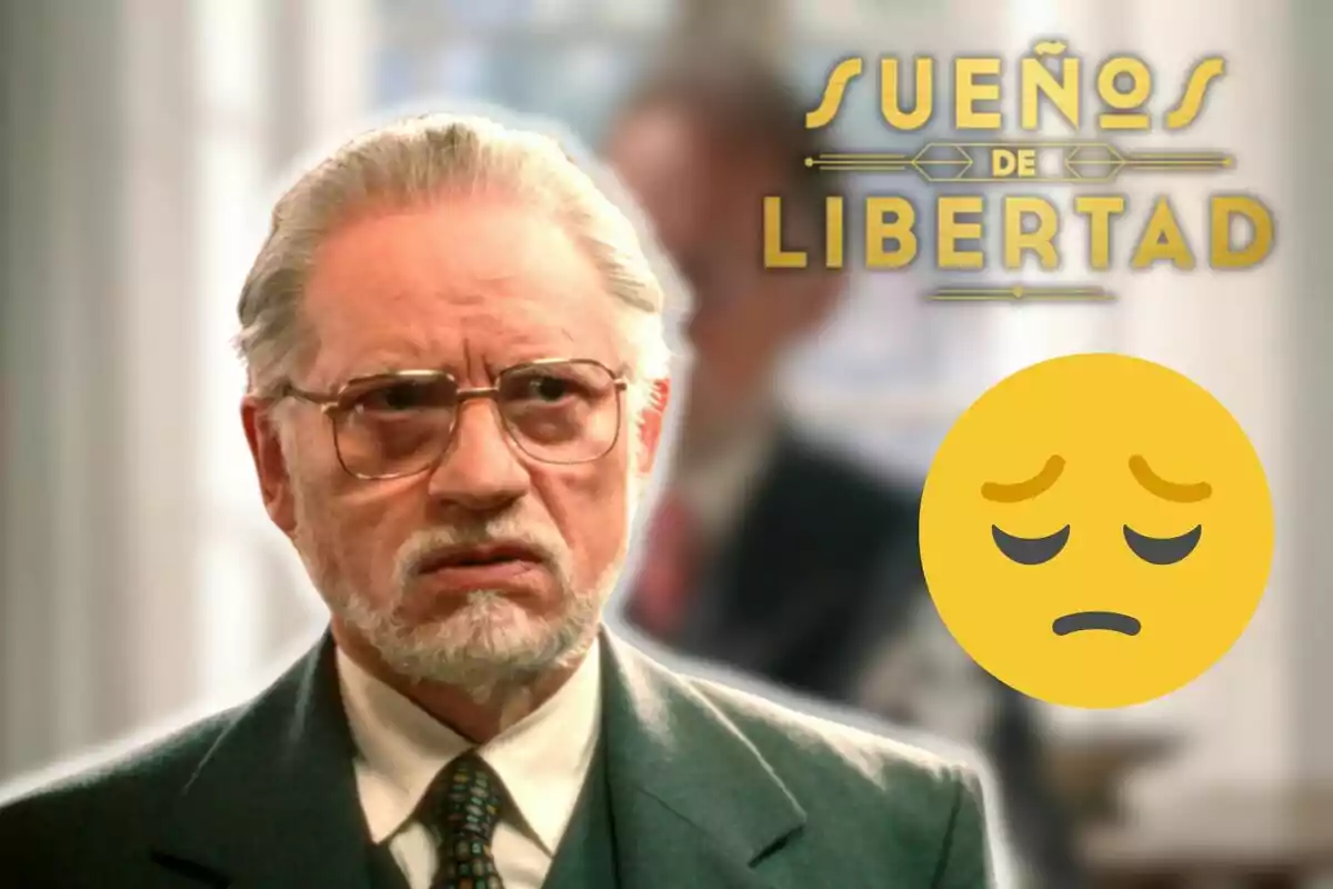 Nancho Novo amb ulleres i expressió seriosa apareix en primer pla amb el text "Sueños de Libertad" a la part superior dreta i un emoji de cara trist al costat.