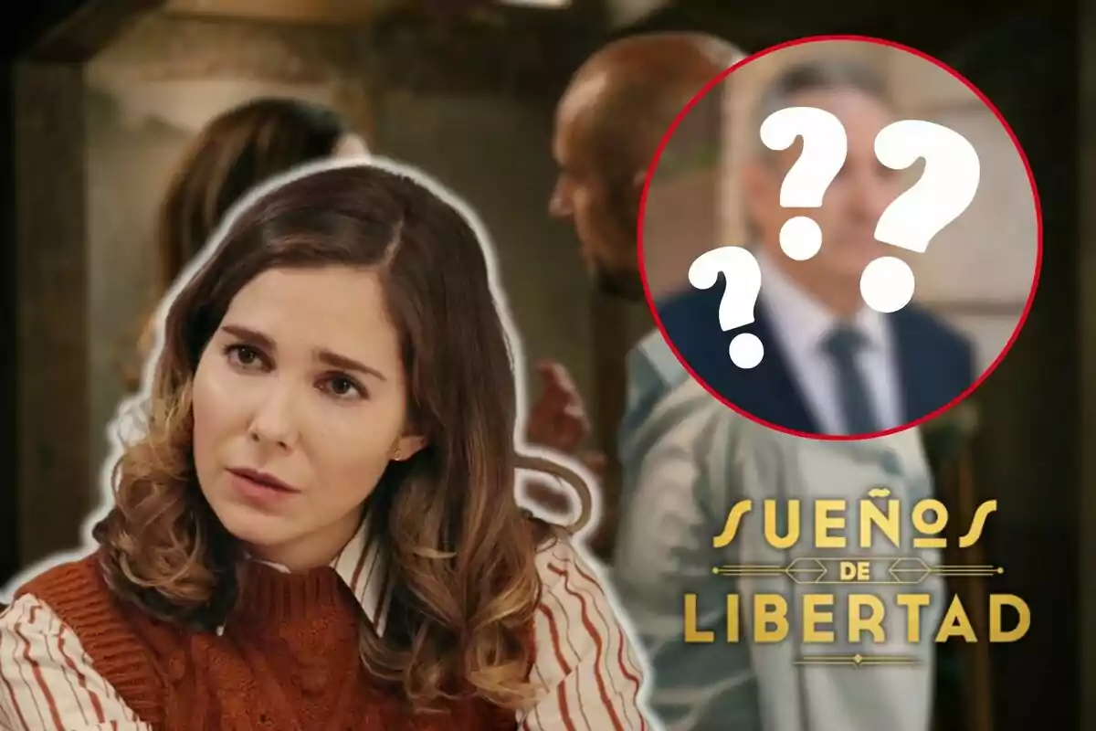 Natalia Sánchez amb expressió seriosa apareix en primer pla mentre que al fons hi ha dues persones desenfocades i un cercle vermell amb signes d'interrogació; a la part inferior dreta es llegeix "Sueños de Libertad".