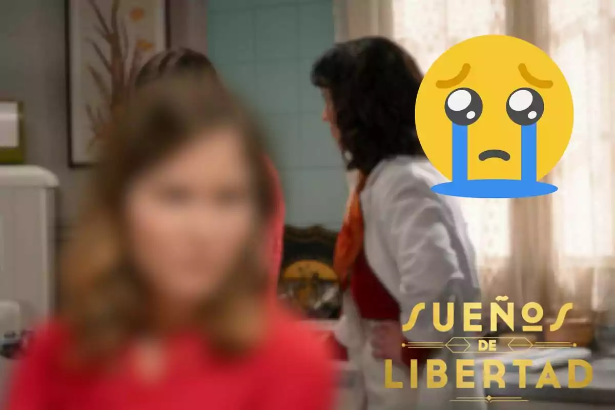 Muntatge d'una escena de 'Somnis de llibertat', Natalia Sánchez desenfocada, un emoji plorant i el logo de la sèrie