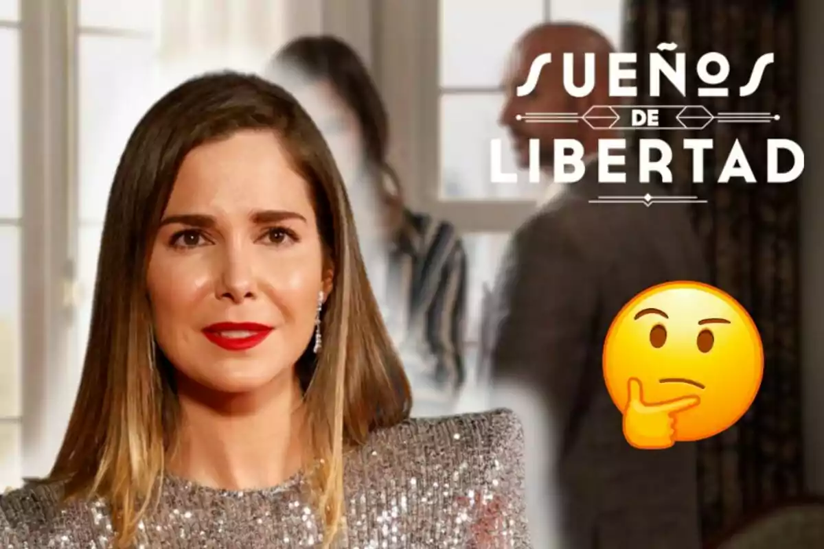 Natalia Sánchez amb llavis vermells i vestit brillant apareix en primer pla, amb el títol "Sueños de Libertad" i un emoji pensatiu al fons.