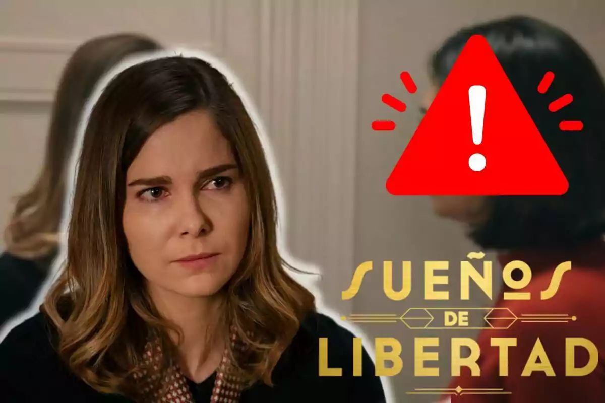 Natalia Sánchez amb expressió seriosa apareix en primer pla, amb un triangle vermell d'advertència i el text "Sueños de Libertad" a la part inferior dreta.