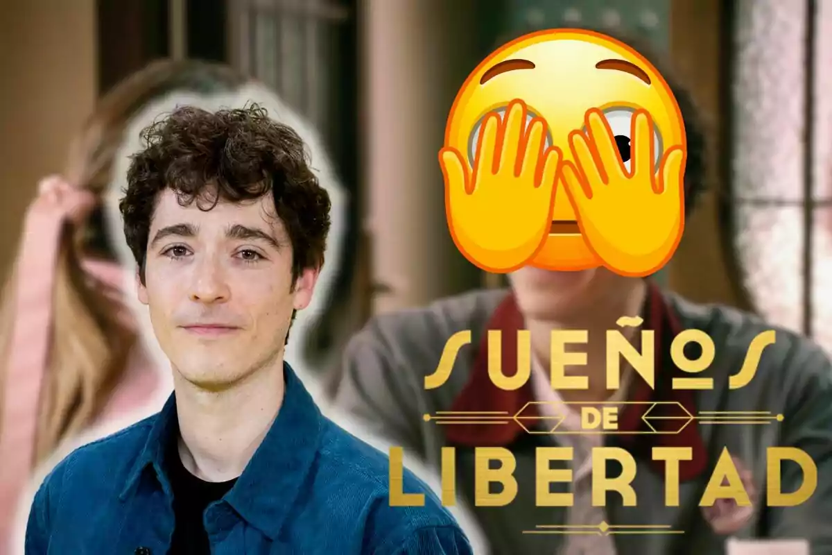 Pablo Béjar amb cabell arrissat i una jaqueta blava apareix davant d'un fons borrós que mostra una altra persona amb un emoji de cara tapada i el text "Sueños de Libertad".