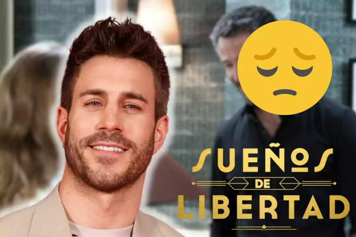 Dani Tatay somrient en primer pla amb el text "Sueños de Libertad" a la part inferior dreta i un emoji trist cobrint el rostre d'una altra persona al fons.