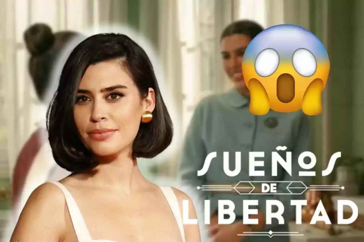 Muntatge d'una escena de 'Sueños de Libertad', Roser Tapias amb tirants blancs, un emoji de sorpresa i el logotip de la sèrie