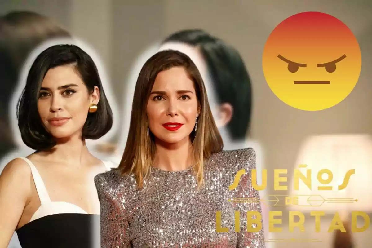 Muntatge d'una escena de 'Sueños de Libertad', Roser Tapias en tirants blancs, Natalia Sánchez en vestit brillant, un emoji enfadat i el logo de la sèrie