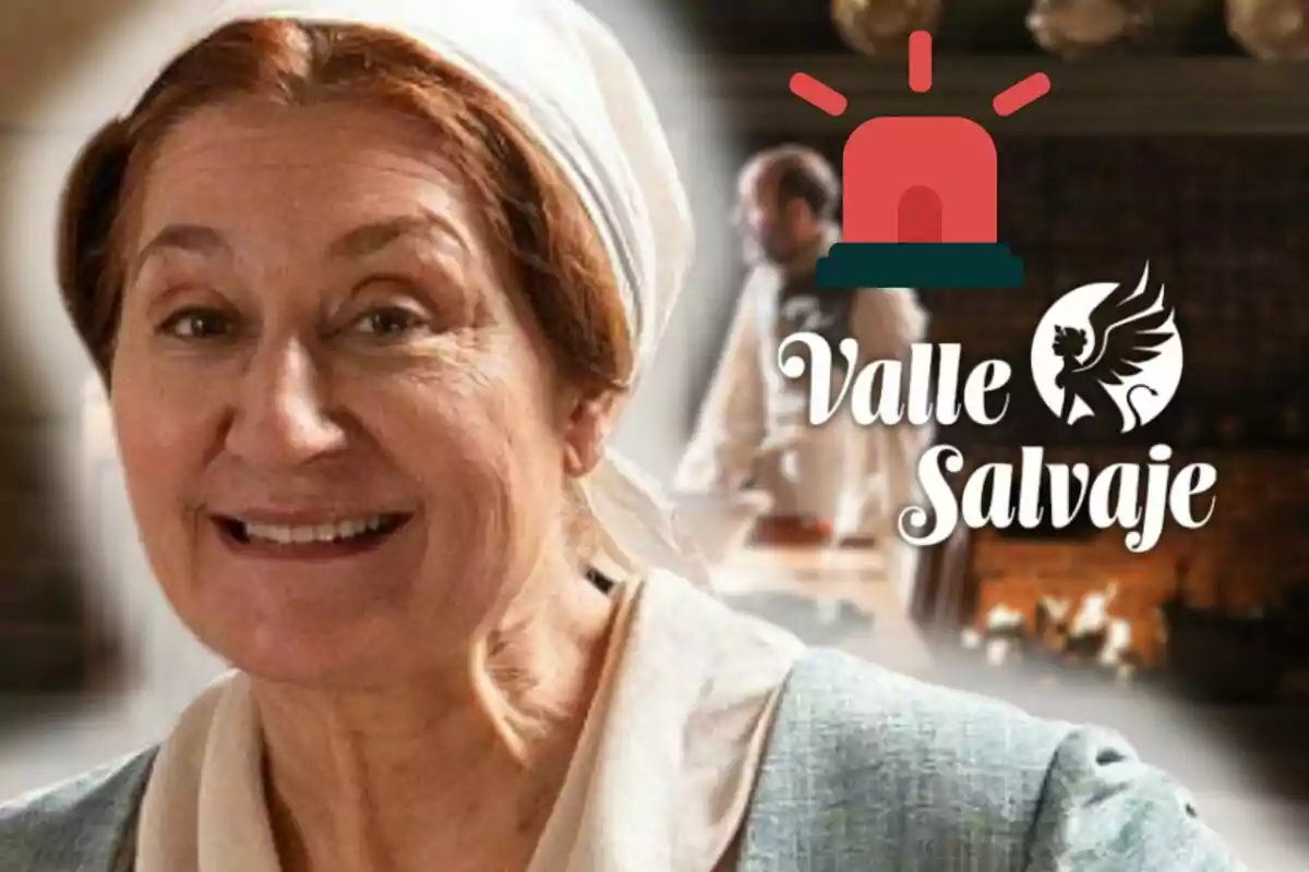 Chiqui Fernández somrient amb un mocador al cap en primer pla, fons de cuina desenfocat amb un home i el logotip de Valle Salvaje al costat d’una sirena d’alerta vermella.
