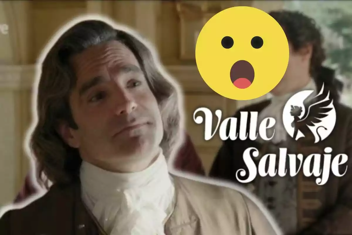 Fernando Corral amb perruca i vestimenta d'època apareix al costat del logotip de "Valle Salvaje" i un emoji sorprès.