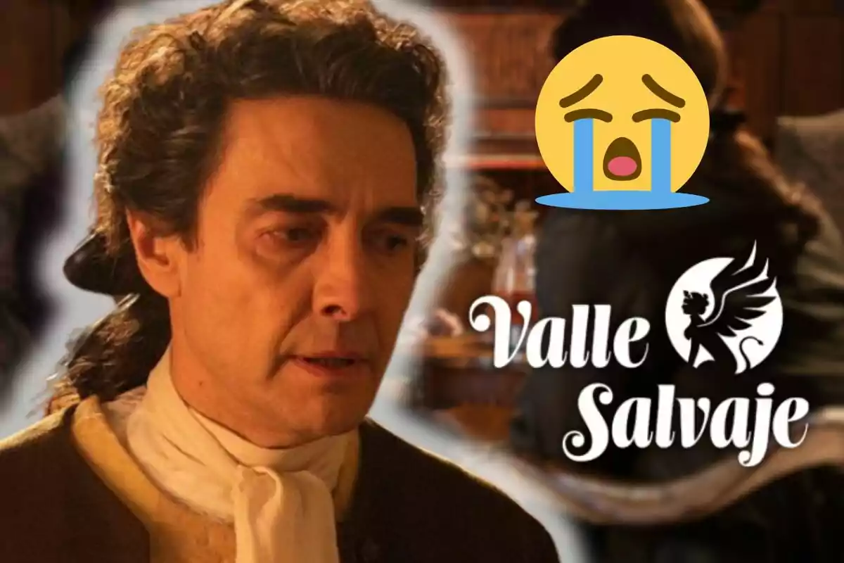 José Manuel Seda amb expressió trista vestit amb roba d’època, un emoji plorant i el text Valle Salvaje al costat de la silueta d’un animal alat