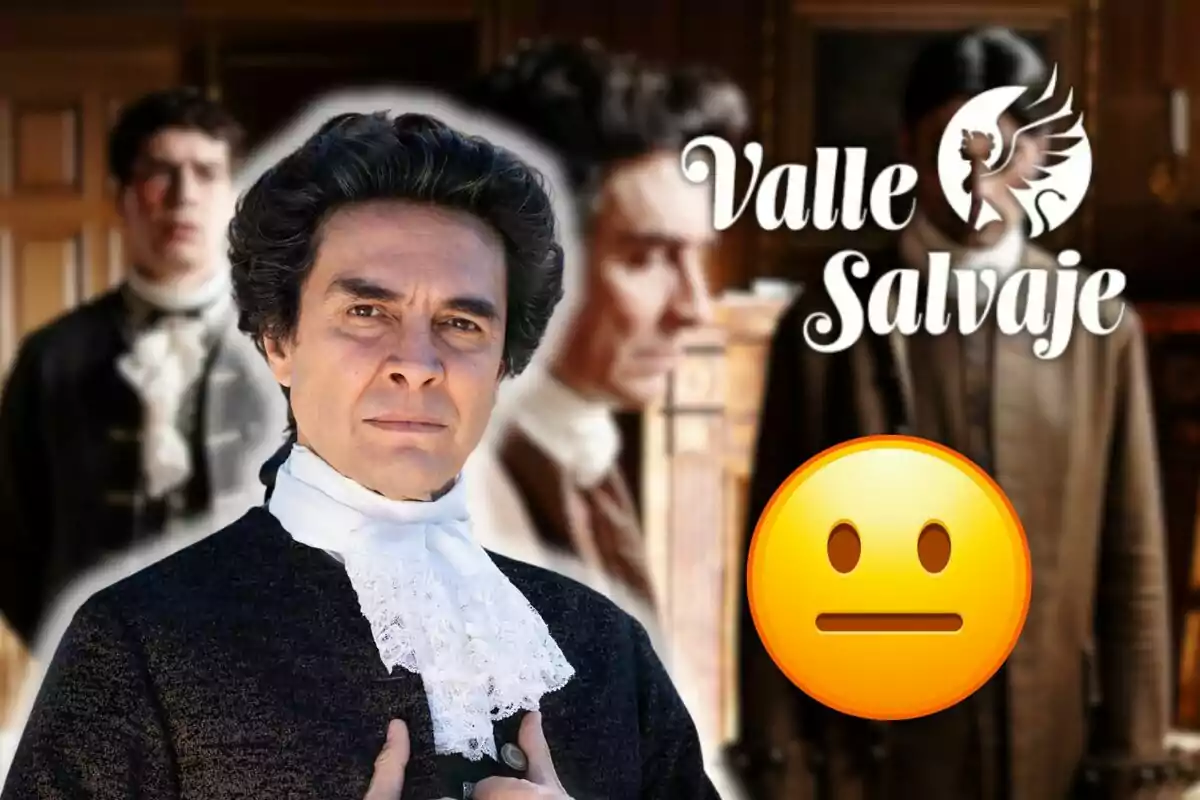 Muntatge d'una escena de Valle Salvaje, José Manuel Seda amb un vestit negre, el logo de la sèrie i un emoji neutre