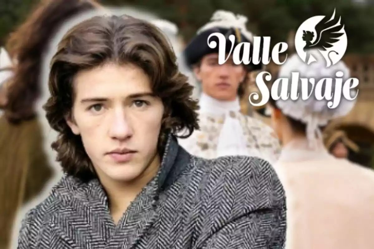 Julen Katzy amb cabell llarg i abric gris apareix en primer pla amb el text "Valle Salvaje" a la cantonada superior dreta i persones vestides d'època al fons.