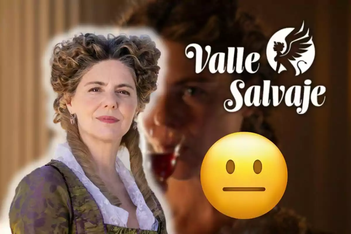 Manuela Velasco amb pentinat antic i vestit d'època apareix en primer pla amb el logotip de "Valle Salvaje" i un emoji neutral sobre una imatge de fons.