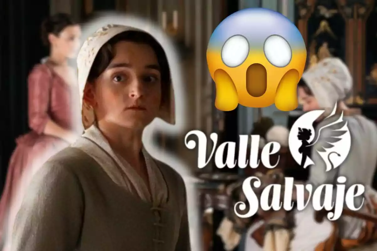 María Redondo con vestimenta de época mira hacia adelante con expresión seria, mientras en el fondo se ve a otra mujer y un emoji sorprendido junto al texto "Valle Salvaje".