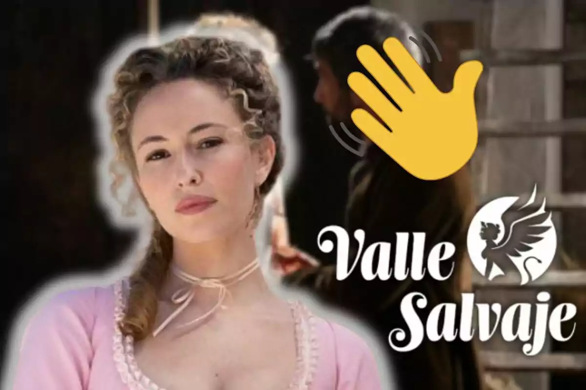 Marina Sabadell amb cabell arrissat i vestit rosa apareix en primer pla al costat del logo de "Valle Salvaje" i un emoji de mà saludant.