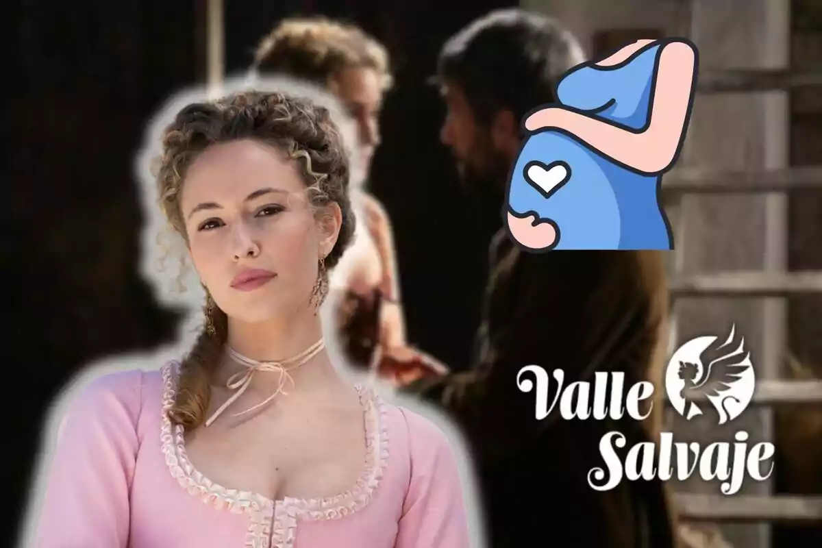 Marina Sabadell amb vestit rosa apareix en primer pla, mentre que al fons s'observa una parella desenfocada; hi ha una icona d'embaràs i el logotip de "Valle Salvaje".