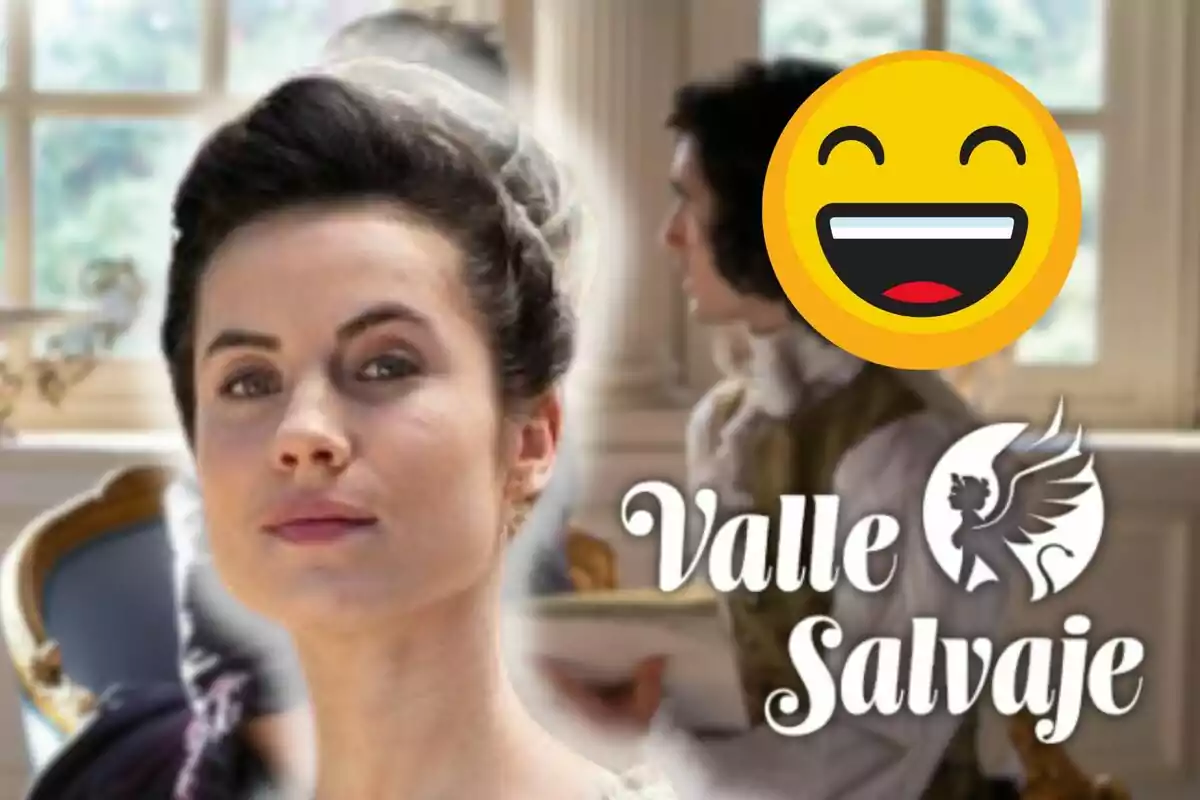 Miren Arrieta amb pentinat elegant apareix en primer pla mentre que al fons es veu una altra persona asseguda; hi ha un emoji somrient i el text "Valle Salvaje" amb un logotip d'un àngel alat.