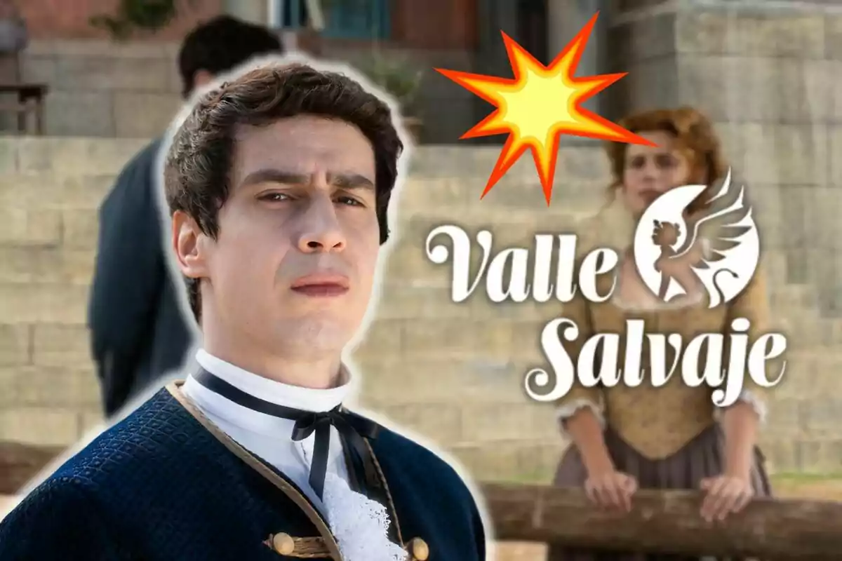 Nacho Olaizola amb vestimenta d'època apareix en primer pla amb una expressió seriosa mentre una dona està desenfocada al fons. El text "Valle Salvaje" i un logotip amb una figura alada estan sobre la imatge.