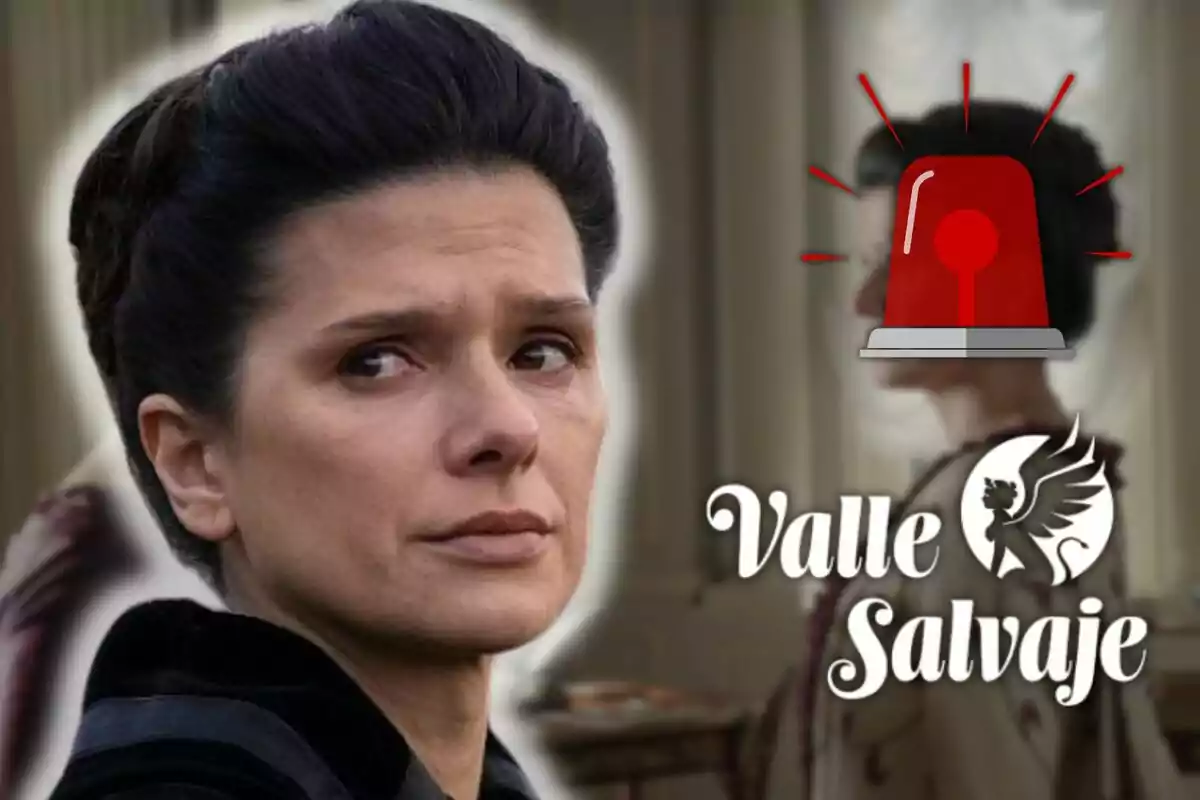 Sabela Arán de cabell fosc amb expressió seriosa al costat d'un logotip que diu "Valle Salvaje" i una sirena vermella.