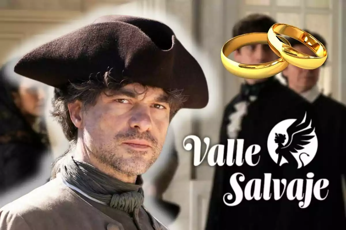 Toni Salgado amb barret d'època al costat del logotip de "Valle Salvaje" i dos anells daurats.