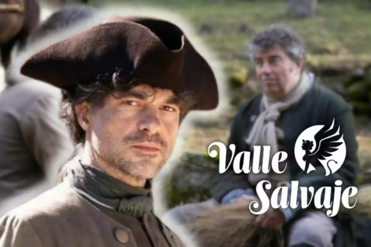 Toni Salgado amb barret d'època apareix en primer pla mentre un altre home està assegut al fons amb el text "Valle Salvaje" i un logotip d'una figura alada.