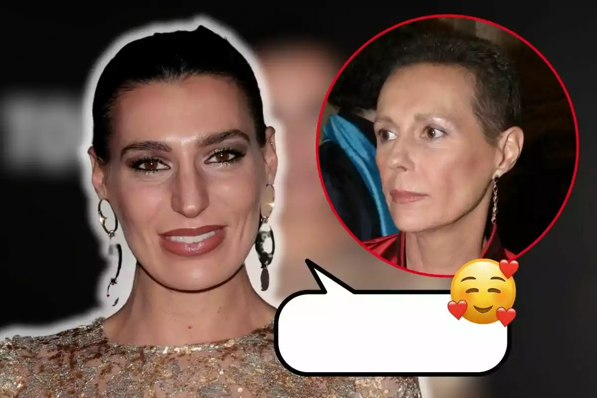 Eugenia Osborne amb vestit brillant i aretes posa somrient, mentre en un cercle vermell es mostra a Sandra Domeq de perfil amb expressió seriosa; hi ha un emoji somrient amb cors a la imatge.