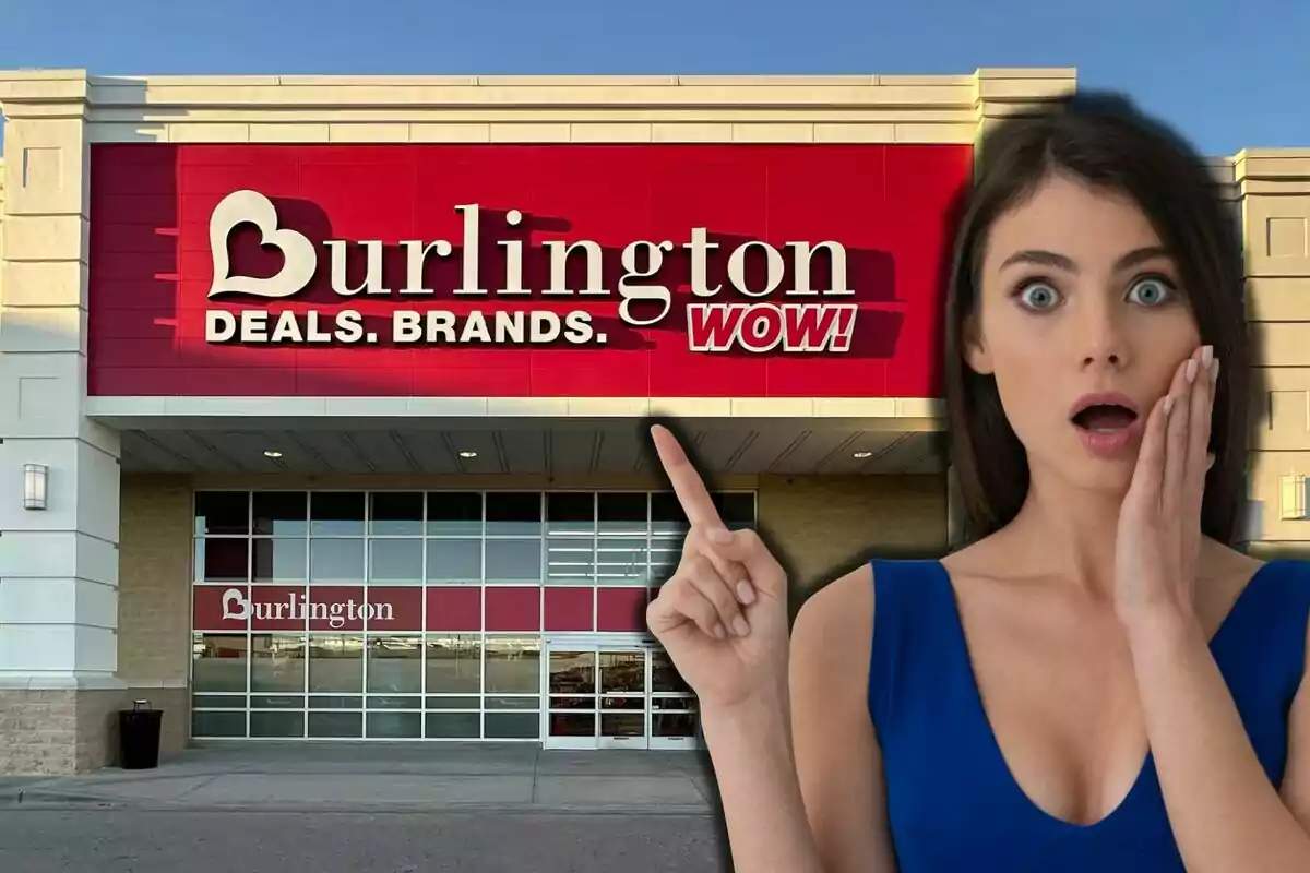 A surprised woman points at the facade of a Burlington store with a red sign.