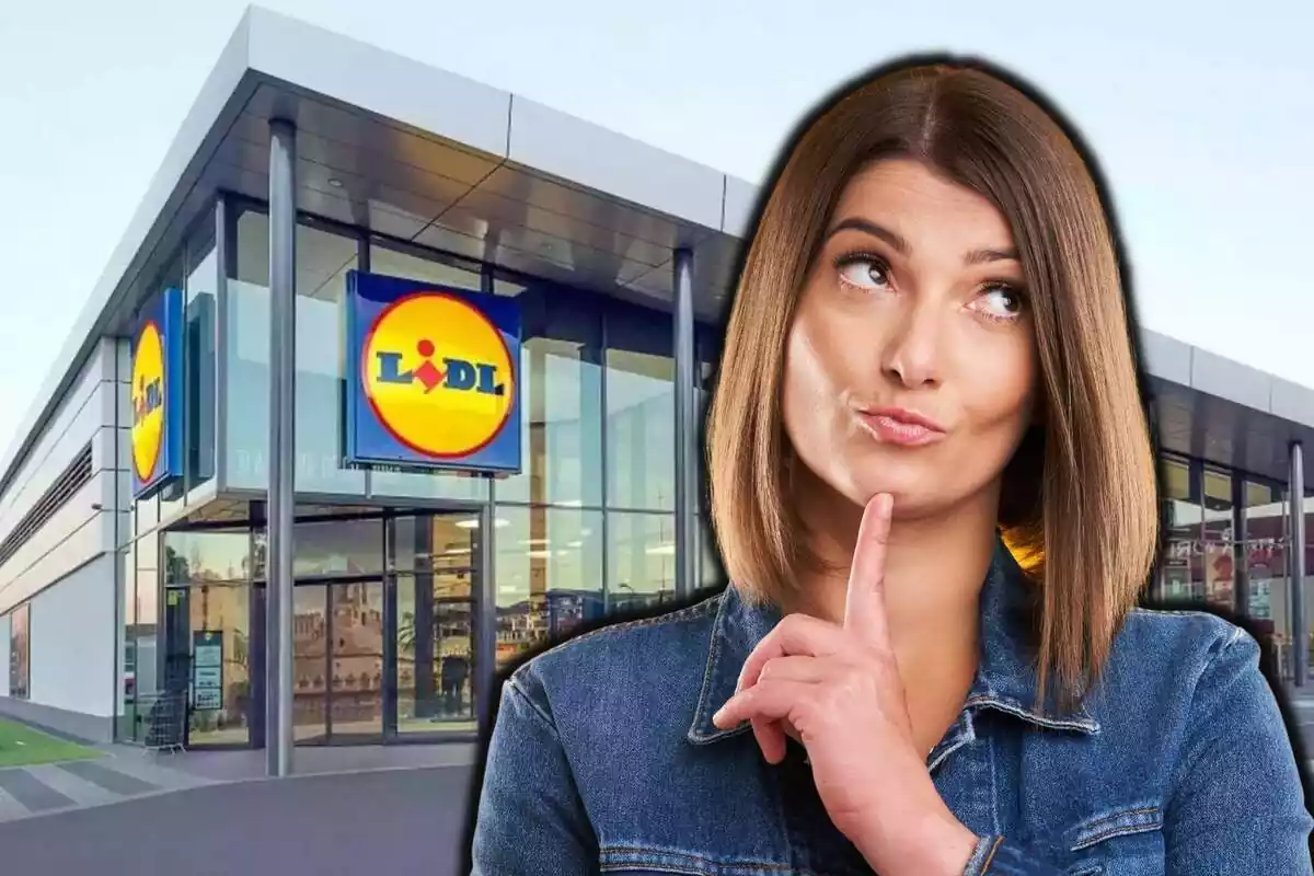 Muntatge de l'exterior d'un supermercat Lidl i una dona al costat dret de la foto dubitativa i mirant cap amunt