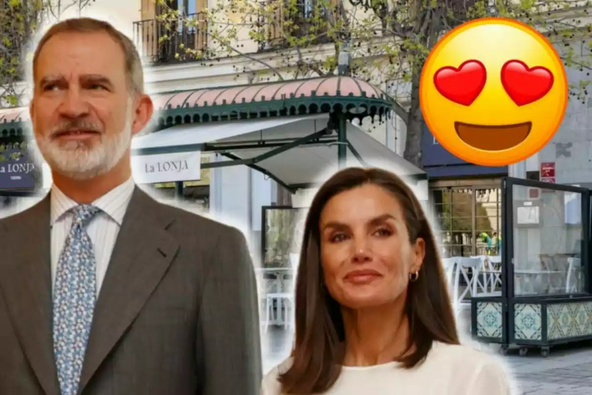 Felip VI i Letizia posant davant d'un restaurant amb un emoji d'ulls de cor a la cantonada superior dreta.