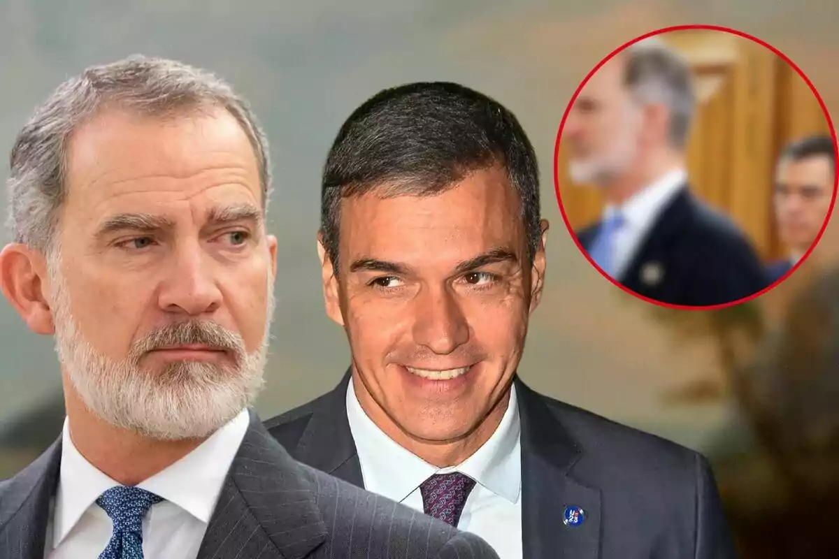 Felip VI i Pedro Sánchez amb vestit, Pedro somrient, amb un cercle vermell a la cantonada superior dreta mostrant una imatge borrosa dels mateixos.