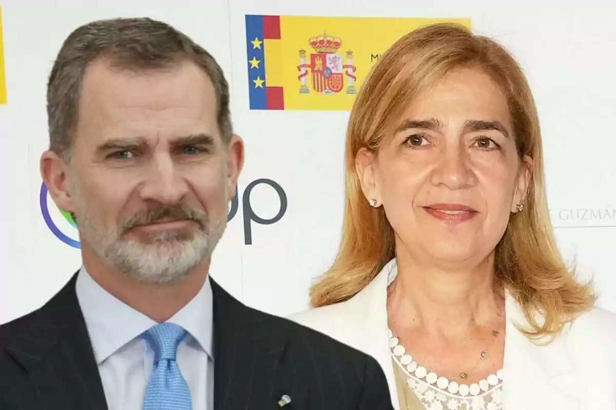 Felip VI i la infanta Cristina posant davant d'una bandera d'Espanya.