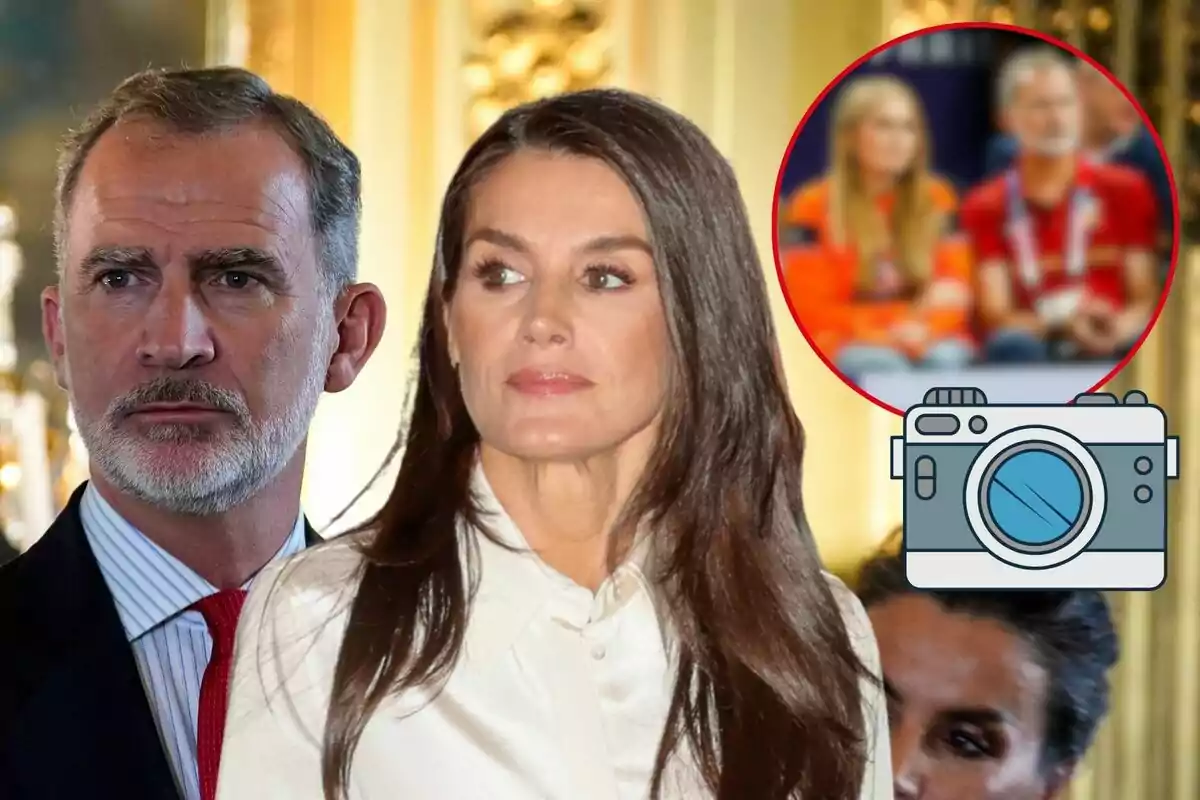 Felip VI i Letizia posant en un esdeveniment formal amb una imatge inserida en un cercle vermell a la cantonada superior dreta que mostra dues persones assegudes en un esdeveniment esportiu.