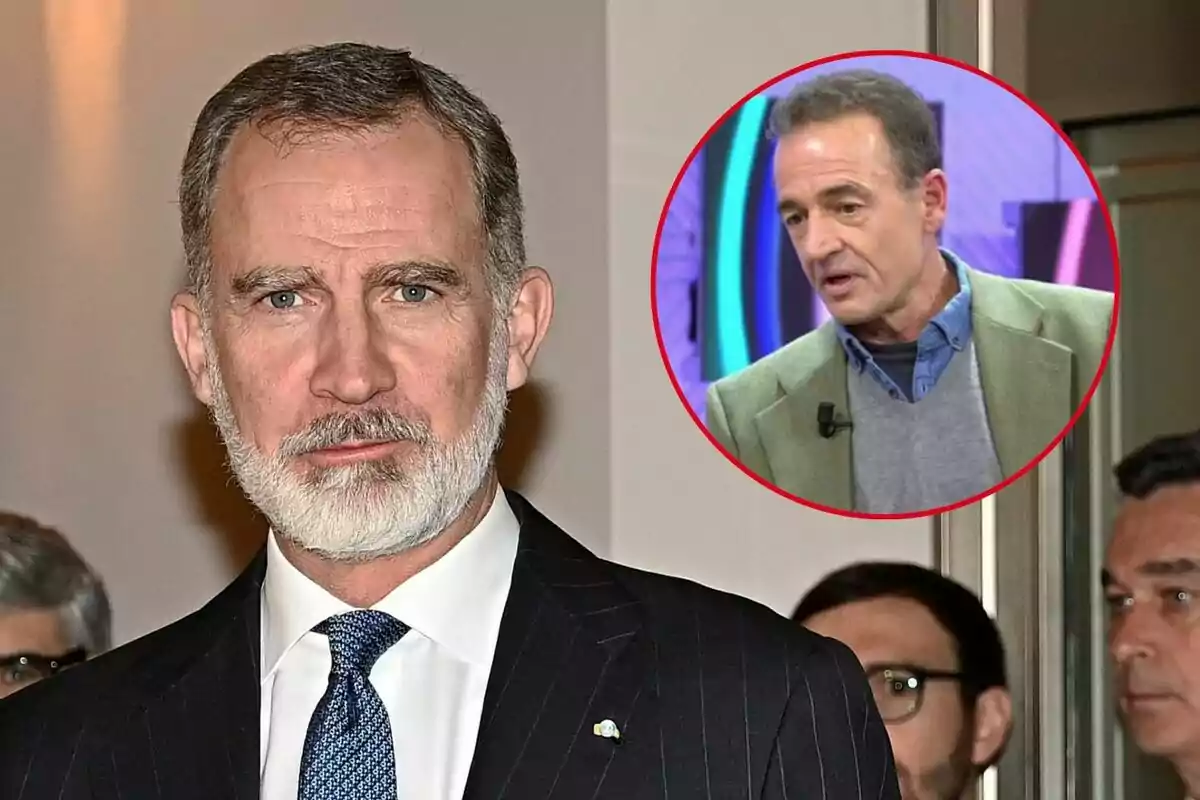 Felip VI amb barba i vestit fosc apareix en primer pla, mentre que en un cercle vermell a la cantonada superior dreta es mostra Alessandro Lequio amb jaqueta verda i camisa blava.