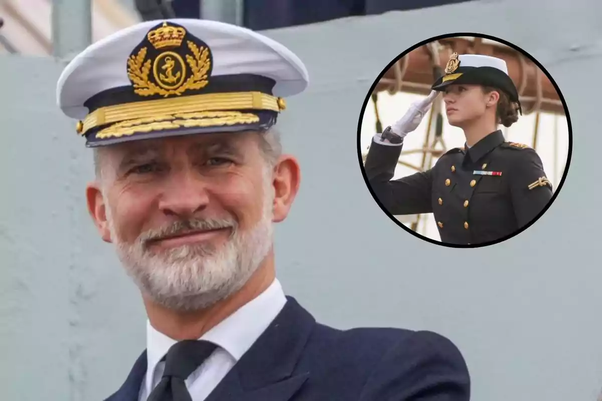 Felipe VI amb uniforme naval somriu mentre Leonor en uniforme militar saluda en un requadre.