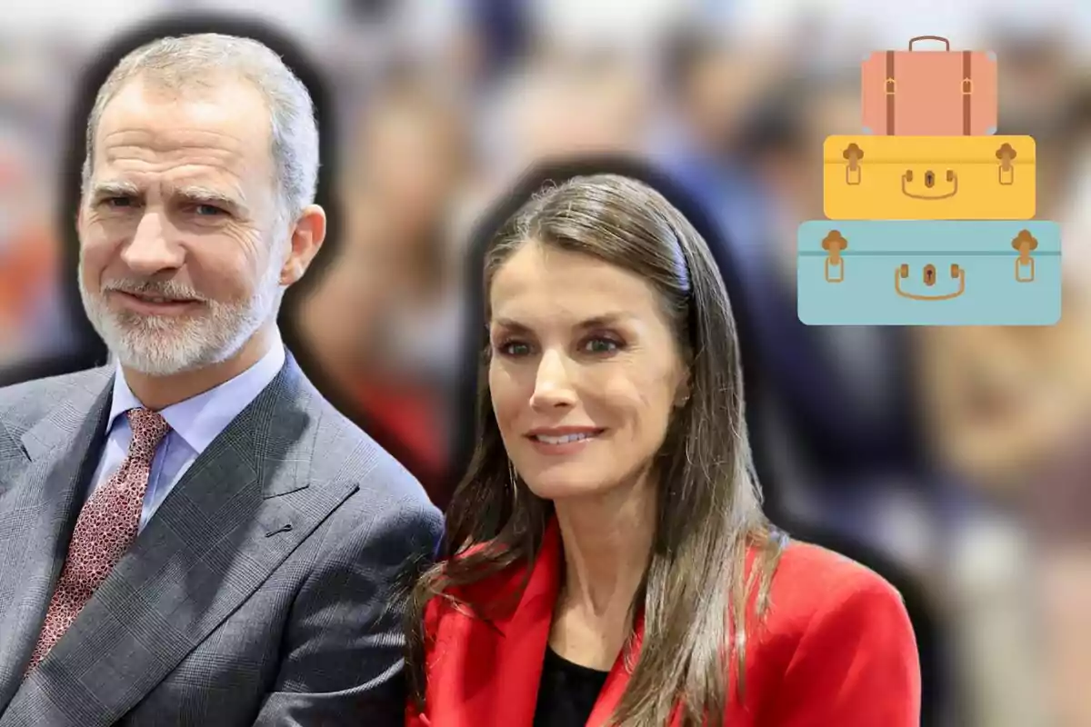 Felipe VI alongside Queen Letizia, both smiling, with colorful suitcases drawn in the background against a blurred setting.