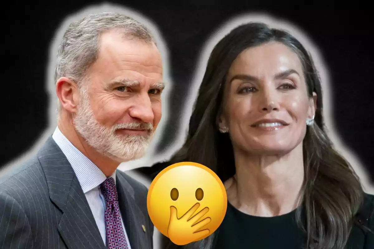 Felipe VI and Queen Letizia smiling with a hand-over-mouth emoji in the center on a dark background
