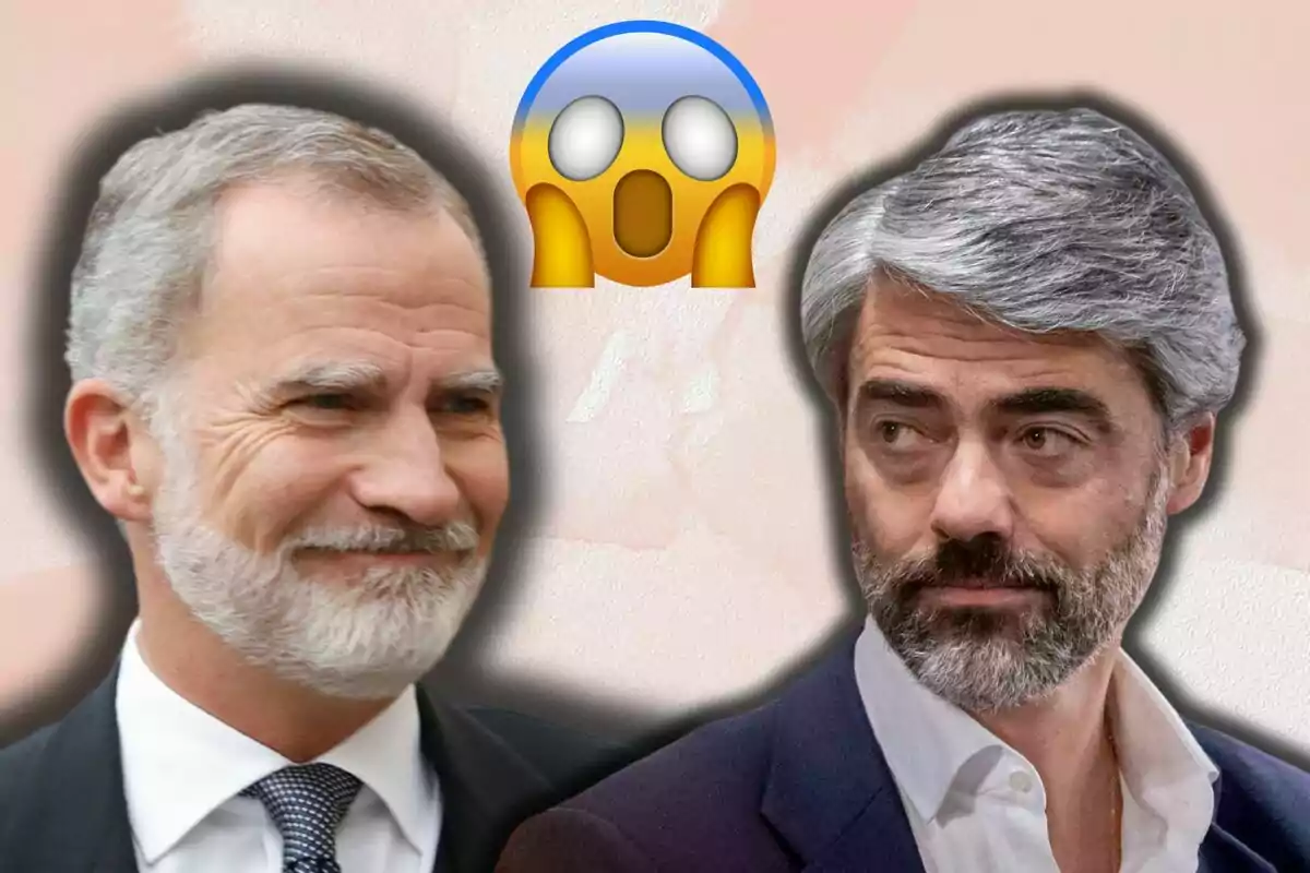 Felip VI i Luis Enriquez Nistal mirant-se amb una expressió de sorpresa al fons, amb un emoji de cara sorpresa entre ells.