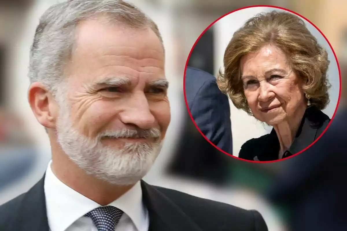 Felipe VI con barba sonríe mientras la reina Sofía aparece en un círculo rojo en la esquina superior derecha. Felipe VI con barba sonríe mientras la reina Sofía aparece en un círculo rojo en la esquina superior derecha.