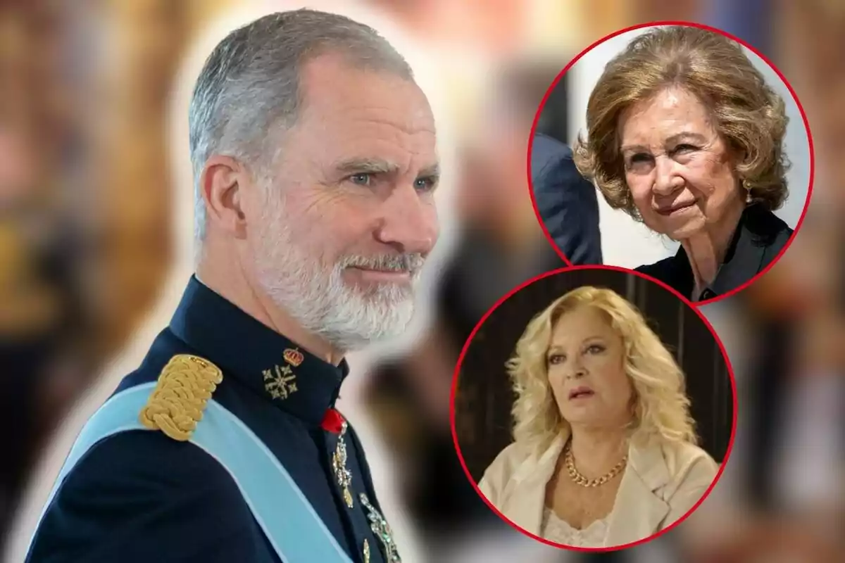 Felip VI amb uniforme militar i la reina Sofia i Bárbara Rey en cercles vermells sobre un fons desenfocat.