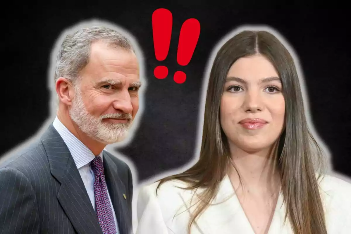 Felip VI i la infanta Sofia estan junts davant d'un fons fosc amb signes d'exclamació vermells entre ells.